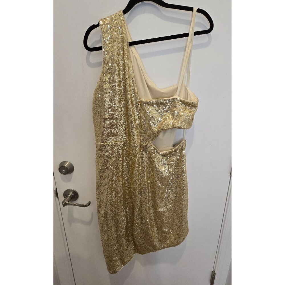 BCBGMAXAZRIA Gold Sequin One-Shoulder Mini Draped Side Cutout XL Holiday Party - Picture 7 of 16